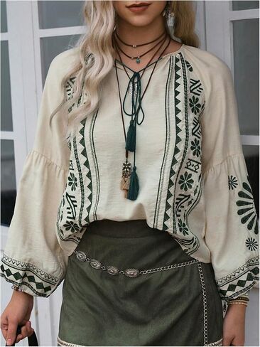 SHENHE Women's Boho Embroidered Shirt Lantern Sleeve Peasant Blouse Tie Neck Dressy Vintage Top in Saudi Arabia