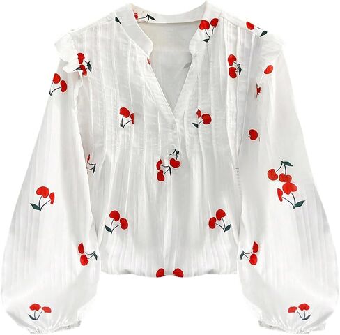 MakeMeChic Women's Plus Size Cherry Blouses Notch V Neck Lantern Sleeve Going Out Tops in Saudi Arabia