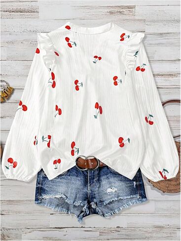 MakeMeChic Women's Plus Size Cherry Blouses Notch V Neck Lantern Sleeve Going Out Tops in Saudi Arabia