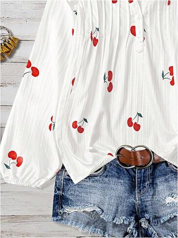 MakeMeChic Women's Plus Size Cherry Blouses Notch V Neck Lantern Sleeve Going Out Tops in Saudi Arabia