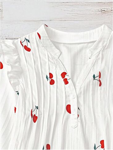 MakeMeChic Women's Plus Size Cherry Blouses Notch V Neck Lantern Sleeve Going Out Tops in Saudi Arabia