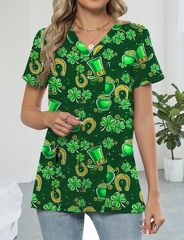 Womens Short Sleeve Scrub Tops V Neck Printed Nurse Shirts Soft Knit Scrubs Shirts Workwear with 3 Pockets in Saudi Arabia