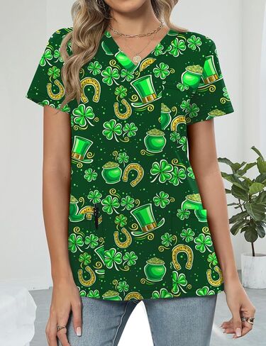 Womens Short Sleeve Scrub Tops V Neck Printed Nurse Shirts Soft Knit Scrubs Shirts Workwear with 3 Pockets in Saudi Arabia
