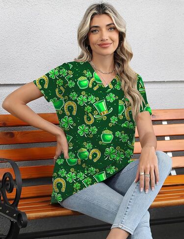 Womens Short Sleeve Scrub Tops V Neck Printed Nurse Shirts Soft Knit Scrubs Shirts Workwear with 3 Pockets in Saudi Arabia