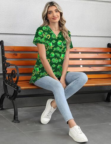 Womens Short Sleeve Scrub Tops V Neck Printed Nurse Shirts Soft Knit Scrubs Shirts Workwear with 3 Pockets in Saudi Arabia