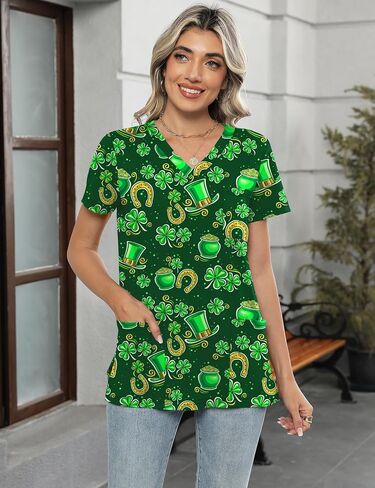 Womens Short Sleeve Scrub Tops V Neck Printed Nurse Shirts Soft Knit Scrubs Shirts Workwear with 3 Pockets in Saudi Arabia