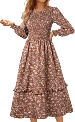 Kate Kasin Long Sleeve Midi Dress for Women, Casual Smocked Vintage Midi Dresses, Modest Fall Floral Wedding Guest Dress in Saudi Arabia