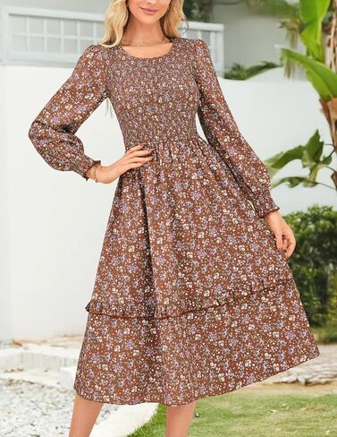 Kate Kasin Long Sleeve Midi Dress for Women, Casual Smocked Vintage Midi Dresses, Modest Fall Floral Wedding Guest Dress in Saudi Arabia