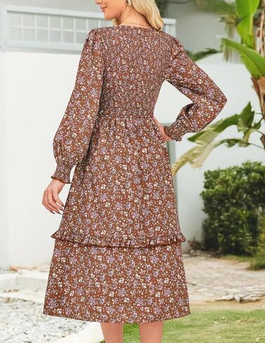 Kate Kasin Long Sleeve Midi Dress for Women, Casual Smocked Vintage Midi Dresses, Modest Fall Floral Wedding Guest Dress in Saudi Arabia