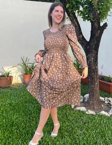 Kate Kasin Long Sleeve Midi Dress for Women, Casual Smocked Vintage Midi Dresses, Modest Fall Floral Wedding Guest Dress in Saudi Arabia