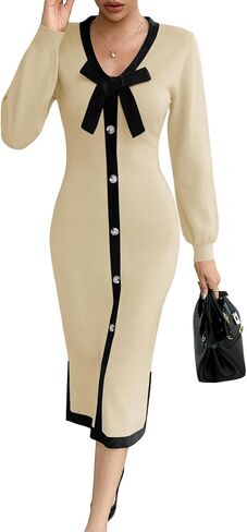 Wenrine Womens V Neck Sweater Dress Fall Long Sleeve Button Knit Bodycon Color Block Bow Tie Elegant Midi Dresses in Saudi Arabia