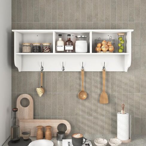 38.6inch Wall Mounted Entryway wooden Coat Rack with Storage Shelf 4 Dual Hooks Wooden Storage Living Room Wall Cabinet with 3 Cubbies Space Saving Hanging Shelf for Hats Bags Coats (White) in Saudi Arabia