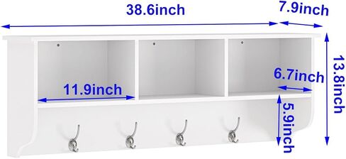 38.6inch Wall Mounted Entryway wooden Coat Rack with Storage Shelf 4 Dual Hooks Wooden Storage Living Room Wall Cabinet with 3 Cubbies Space Saving Hanging Shelf for Hats Bags Coats (White) in Saudi Arabia