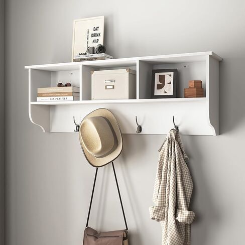 38.6inch Wall Mounted Entryway wooden Coat Rack with Storage Shelf 4 Dual Hooks Wooden Storage Living Room Wall Cabinet with 3 Cubbies Space Saving Hanging Shelf for Hats Bags Coats (White) in Saudi Arabia