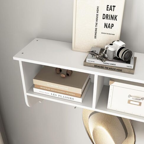 38.6inch Wall Mounted Entryway wooden Coat Rack with Storage Shelf 4 Dual Hooks Wooden Storage Living Room Wall Cabinet with 3 Cubbies Space Saving Hanging Shelf for Hats Bags Coats (White) in Saudi Arabia