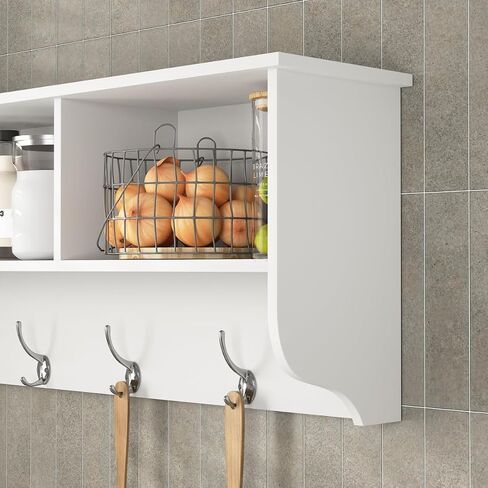 38.6inch Wall Mounted Entryway wooden Coat Rack with Storage Shelf 4 Dual Hooks Wooden Storage Living Room Wall Cabinet with 3 Cubbies Space Saving Hanging Shelf for Hats Bags Coats (White) in Saudi Arabia