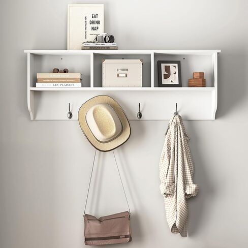 38.6inch Wall Mounted Entryway wooden Coat Rack with Storage Shelf 4 Dual Hooks Wooden Storage Living Room Wall Cabinet with 3 Cubbies Space Saving Hanging Shelf for Hats Bags Coats (White) in Saudi Arabia