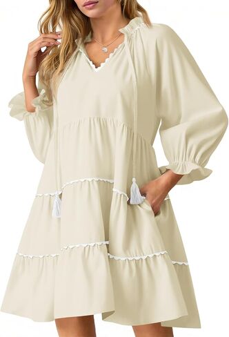 فستان نسائي قصير كاجوال من Wenrine بأكمام طويلة وكشكشة على شكل زهور ورقبة على شكل حرف V للخريف وفساتين بيبي دول بوهو فضفاضة مع جيوب in Kuwait