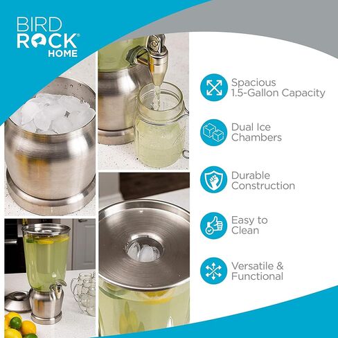 BirdRock Home 5 Gallon Stainless Steel Beverage Dispenser with Ice Container, Spigot - Round - Lemonade Sangria Tea Water Drink Jar Jug - Home Parties - BPA Free Clear Acrylic in Kuwait