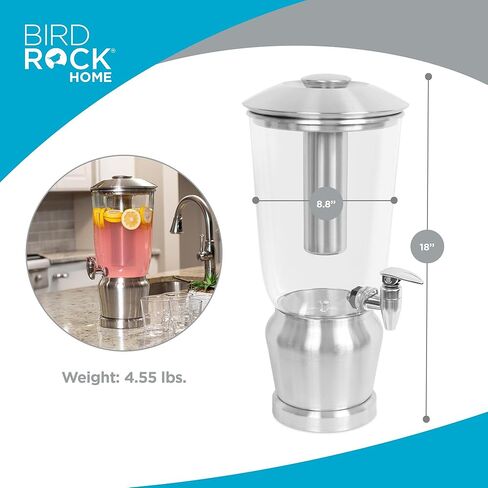 BirdRock Home 5 Gallon Stainless Steel Beverage Dispenser with Ice Container, Spigot - Round - Lemonade Sangria Tea Water Drink Jar Jug - Home Parties - BPA Free Clear Acrylic in Kuwait