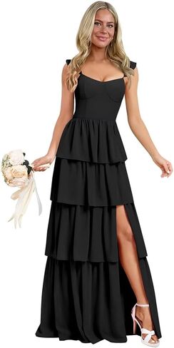 Tiered Ruffles Bridesmaid Dresses with Slit A Line Chiffon Prom Dress for Women Spaghetti Straps Formal Evening Gown in Saudi Arabia