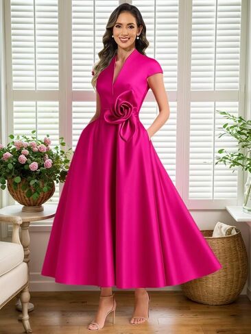 Tea Length Mother of The Bride Dresses for Women Satin Cap Sleeve 3D Flower Formal Evening Dresses for Wedding Guest in Saudi Arabia