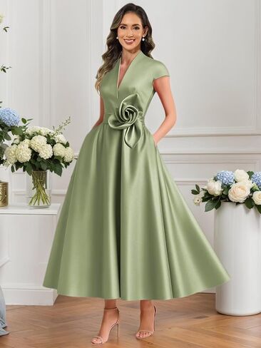 Tea Length Mother of The Bride Dresses for Women Satin Cap Sleeve 3D Flower Formal Evening Dresses for Wedding Guest in Saudi Arabia