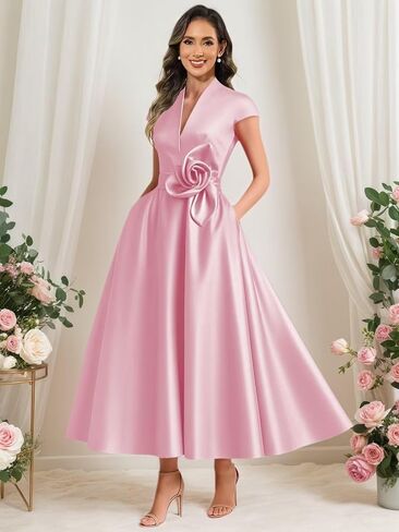 Tea Length Mother of The Bride Dresses for Women Satin Cap Sleeve 3D Flower Formal Evening Dresses for Wedding Guest in Saudi Arabia