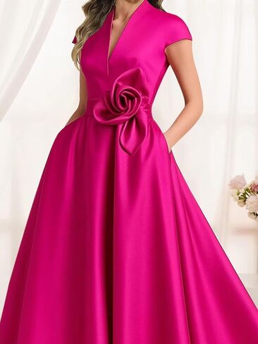 Tea Length Mother of The Bride Dresses for Women Satin Cap Sleeve 3D Flower Formal Evening Dresses for Wedding Guest in Saudi Arabia
