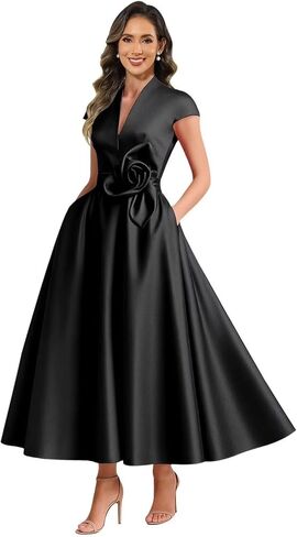 Tea Length Mother of The Bride Dresses for Women Satin Cap Sleeve 3D Flower Formal Evening Dresses for Wedding Guest in Saudi Arabia