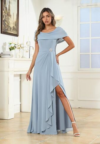 Long Chiffon Mother of The Bride Dresses with Front Slit Empire Waist Ruffles Scoop Neck Corset Plus Size in Saudi Arabia