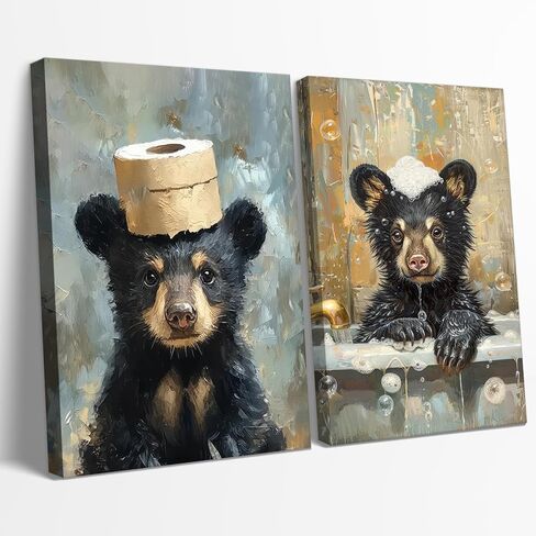 BHSUUHIT 2 Pcs Bear Bathroom Wall Art Funny Bathroom Animal Pictures Prints Black Bear With Paper Wall Decor Sitting in Bathtub Canvas Cute Humorous Posters Ready to Hang Home Decor(12x16in Canvas) in Saudi Arabia
