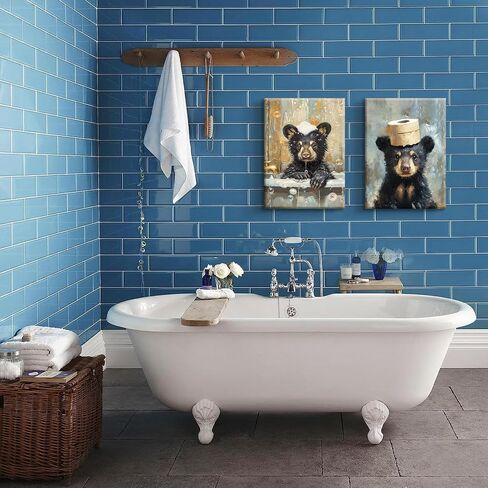 BHSUUHIT 2 Pcs Bear Bathroom Wall Art Funny Bathroom Animal Pictures Prints Black Bear With Paper Wall Decor Sitting in Bathtub Canvas Cute Humorous Posters Ready to Hang Home Decor(12x16in Canvas) in Saudi Arabia