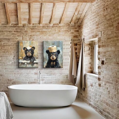BHSUUHIT 2 Pcs Bear Bathroom Wall Art Funny Bathroom Animal Pictures Prints Black Bear With Paper Wall Decor Sitting in Bathtub Canvas Cute Humorous Posters Ready to Hang Home Decor(12x16in Canvas) in Saudi Arabia