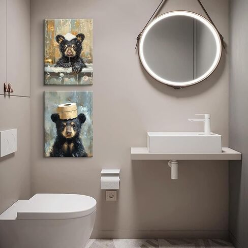 BHSUUHIT 2 Pcs Bear Bathroom Wall Art Funny Bathroom Animal Pictures Prints Black Bear With Paper Wall Decor Sitting in Bathtub Canvas Cute Humorous Posters Ready to Hang Home Decor(12x16in Canvas) in Saudi Arabia