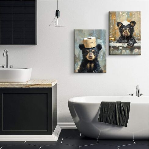 BHSUUHIT 2 Pcs Bear Bathroom Wall Art Funny Bathroom Animal Pictures Prints Black Bear With Paper Wall Decor Sitting in Bathtub Canvas Cute Humorous Posters Ready to Hang Home Decor(12x16in Canvas) in Saudi Arabia