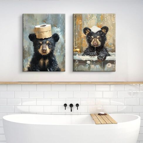 BHSUUHIT 2 Pcs Bear Bathroom Wall Art Funny Bathroom Animal Pictures Prints Black Bear With Paper Wall Decor Sitting in Bathtub Canvas Cute Humorous Posters Ready to Hang Home Decor(12x16in Canvas) in Saudi Arabia