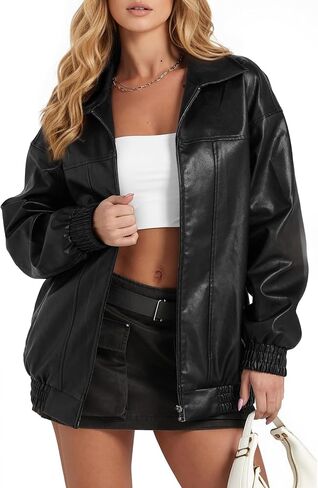 Women's Oversized Leather Jacket, Casual Soft Faux Leather Zip Motorcycle Coat With Pocket 2025 Fall Fashion in Kuwait
