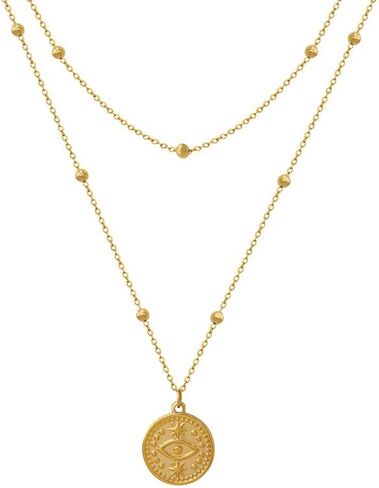 18K Gold Plated Dainty Layering Necklaces for Women - French Retro Beaded Pendant Statement Necklace - Monocular Pendant Stylish Necklace for Women in Saudi Arabia
