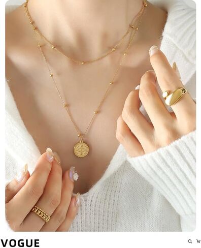 18K Gold Plated Dainty Layering Necklaces for Women - French Retro Beaded Pendant Statement Necklace - Monocular Pendant Stylish Necklace for Women in Saudi Arabia