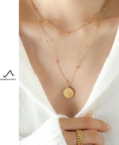 18K Gold Plated Dainty Layering Necklaces for Women - French Retro Beaded Pendant Statement Necklace - Monocular Pendant Stylish Necklace for Women in Saudi Arabia
