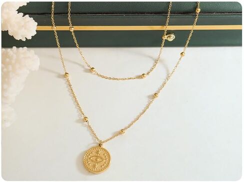 18K Gold Plated Dainty Layering Necklaces for Women - French Retro Beaded Pendant Statement Necklace - Monocular Pendant Stylish Necklace for Women in Saudi Arabia