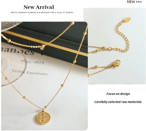 18K Gold Plated Dainty Layering Necklaces for Women - French Retro Beaded Pendant Statement Necklace - Monocular Pendant Stylish Necklace for Women in Saudi Arabia