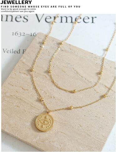 18K Gold Plated Dainty Layering Necklaces for Women - French Retro Beaded Pendant Statement Necklace - Monocular Pendant Stylish Necklace for Women in Saudi Arabia