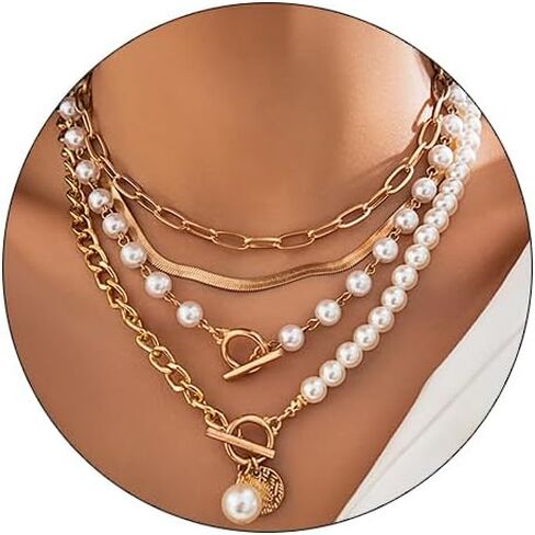 Gold Layered Pearl Chain Necklace - Chunky, Multilayered Design for Women in Saudi Arabia