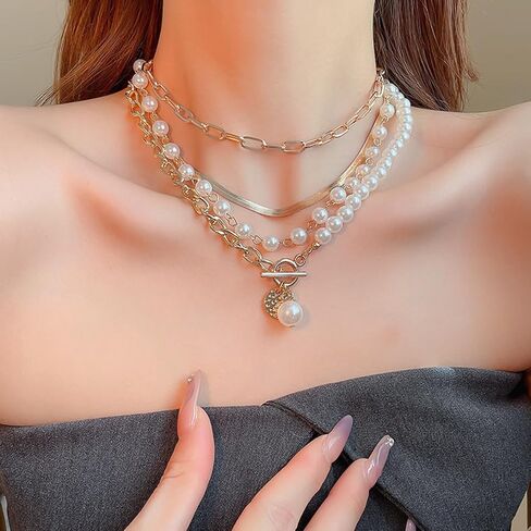 Gold Layered Pearl Chain Necklace - Chunky, Multilayered Design for Women in Saudi Arabia