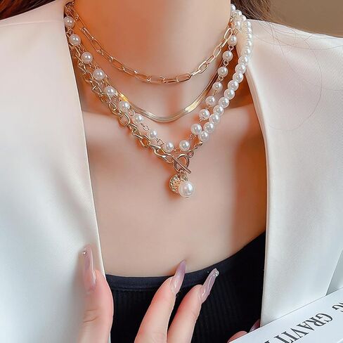 Gold Layered Pearl Chain Necklace - Chunky, Multilayered Design for Women in Saudi Arabia