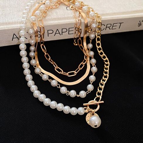 Gold Layered Pearl Chain Necklace - Chunky, Multilayered Design for Women in Saudi Arabia