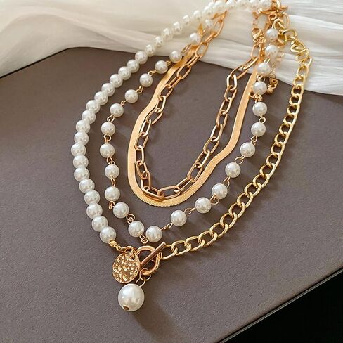 Gold Layered Pearl Chain Necklace - Chunky, Multilayered Design for Women in Saudi Arabia