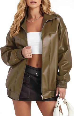 Women's Oversized Leather Jacket, Casual Soft Faux Leather Zip Motorcycle Coat With Pocket 2025 Fall Fashion in Kuwait